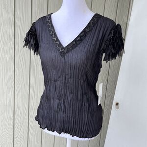 VTG NWT Kaelyn-Max Black Beaded Crinkle Top L Sheer Y2K Party Blouse Deadstock